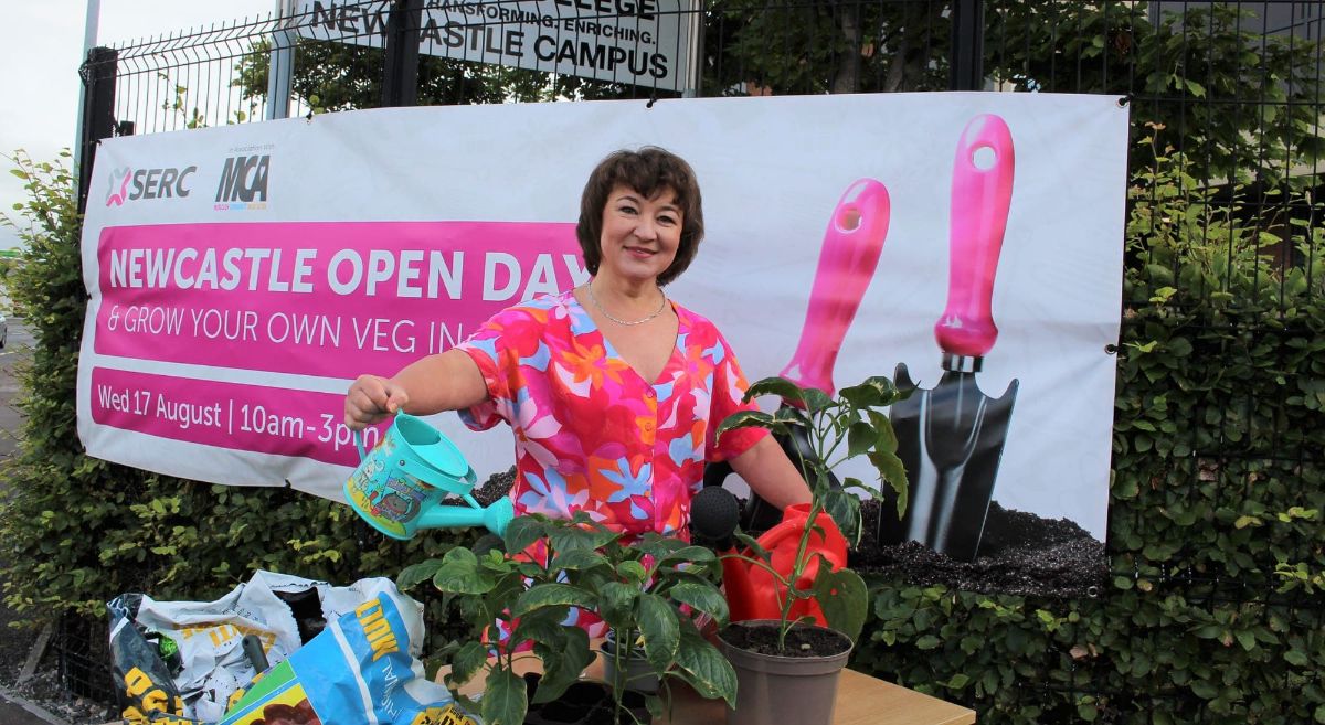 Tatiana Seed pictured outside Newcastle Campus with everything needed for forthcoming Grow Your Own Veg Session